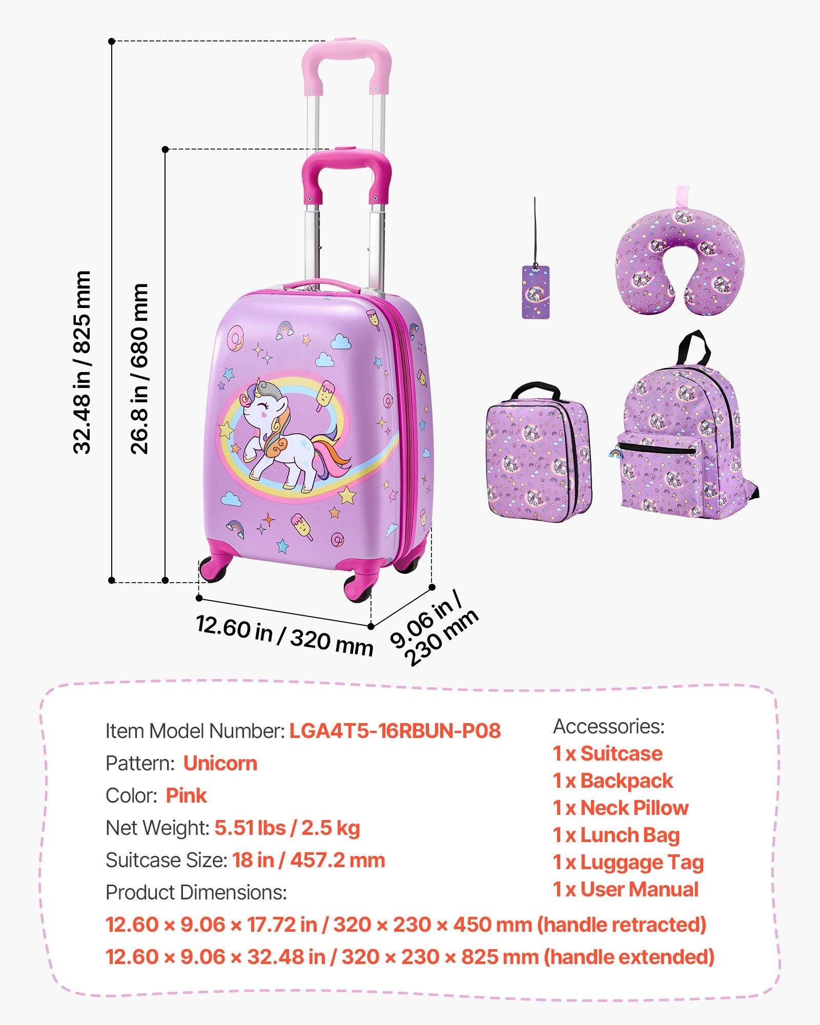 Kids Luggage Set, 5 Piece, 18 Inch Hardside Rolling Wheels Suitcase With Backpack & U-shape Pillow, Unicorn Kids Carry On Luggage Set, Holiday Birthday Gift For Girls Boys, Airline Approved