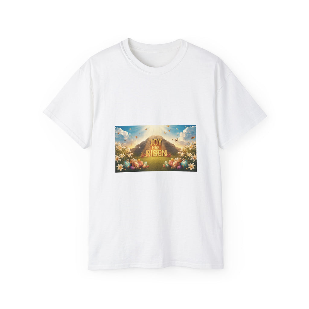 Joy Risen Tee — Easter Christian T-Shirt with Sunrise & Floral Resurrection Design