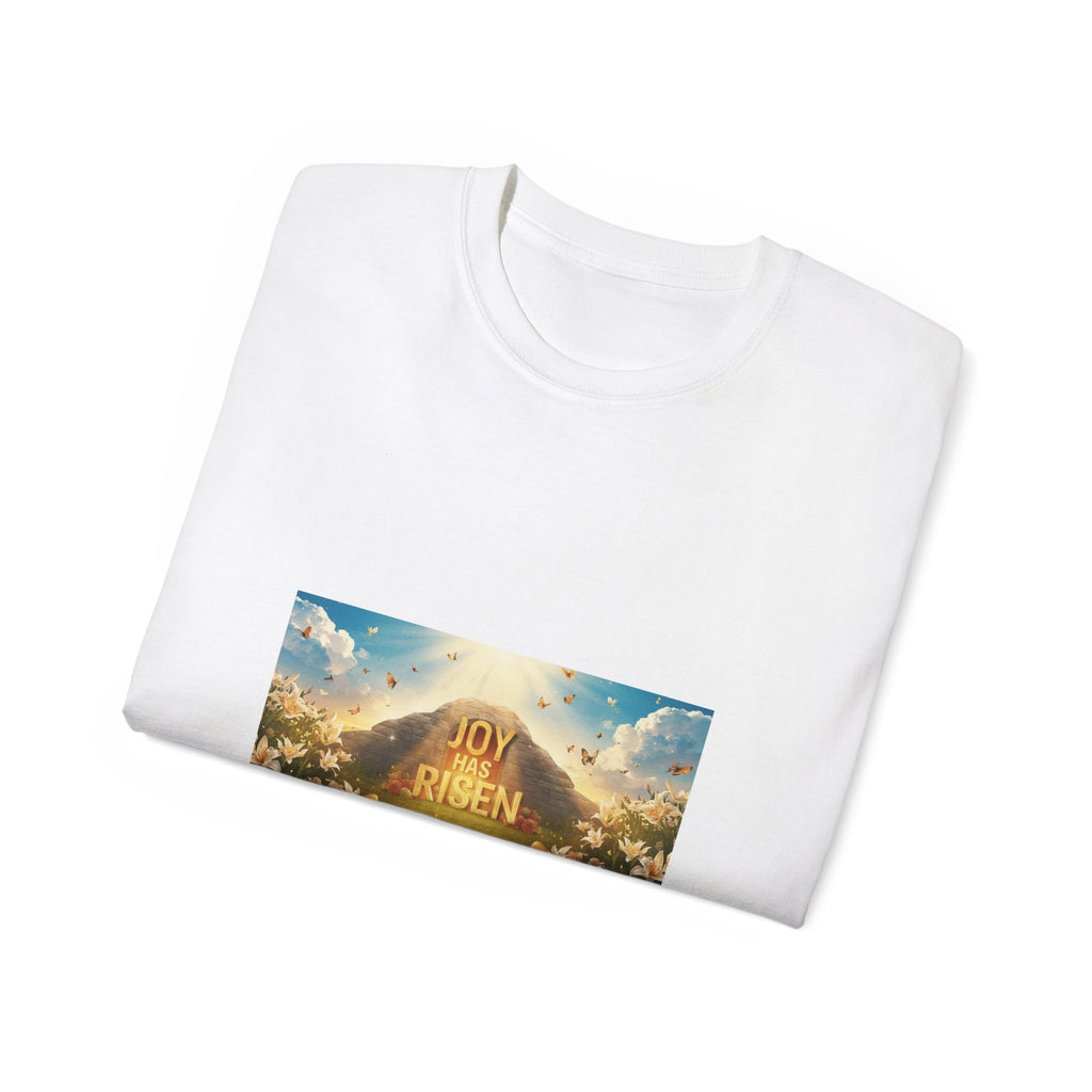 Joy Risen Tee — Easter Christian T-Shirt with Sunrise & Floral Resurrection Design