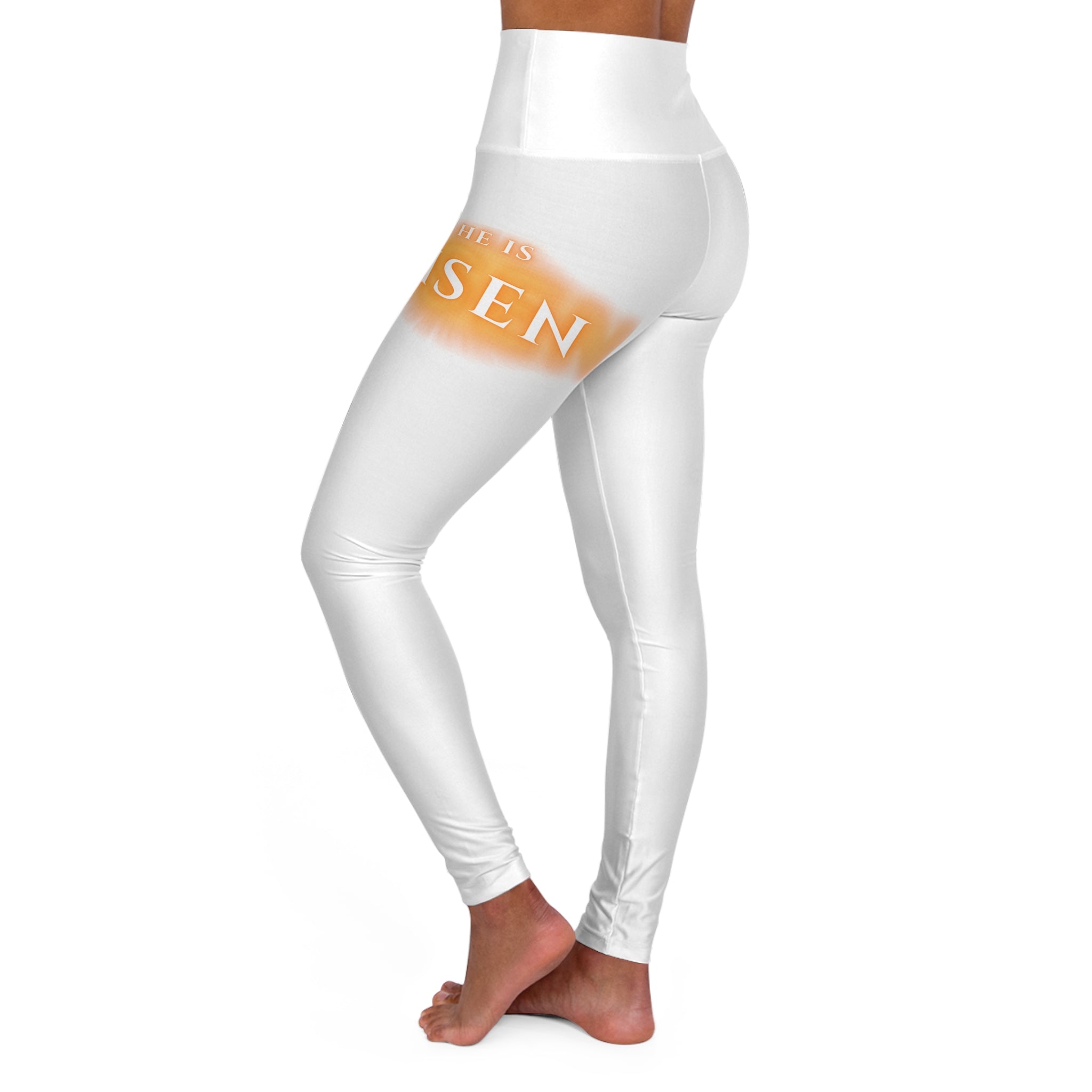 High-Waisted Yoga Leggings — Minimal White AOP with Subtle Amber Accent