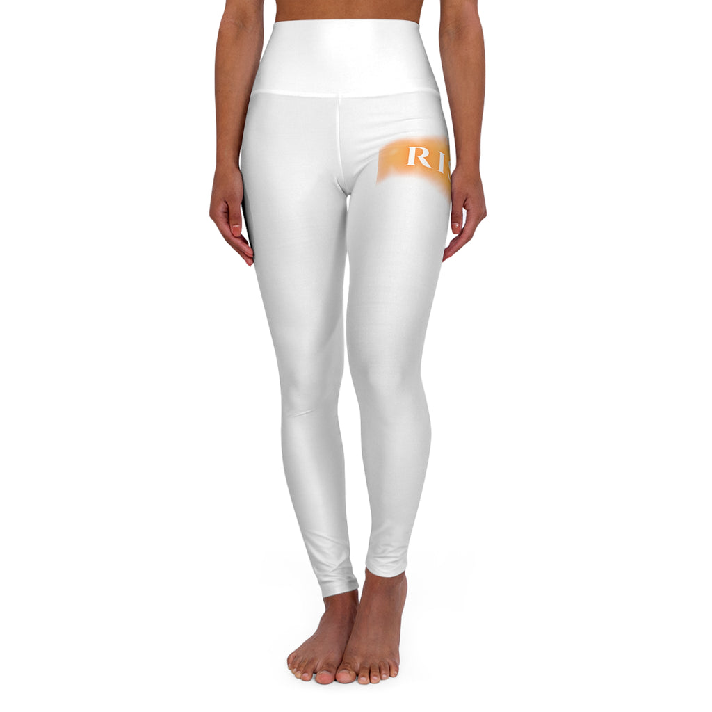 High-Waisted Yoga Leggings — Minimal White AOP with Subtle Amber Accent