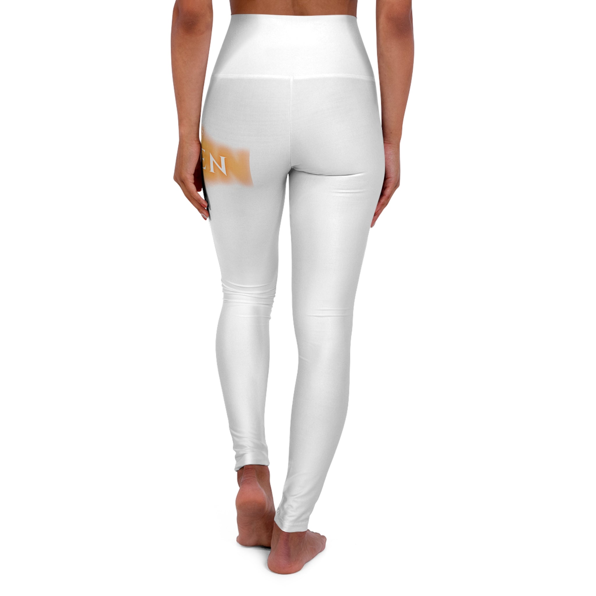 High-Waisted Yoga Leggings — Minimal White AOP with Subtle Amber Accent