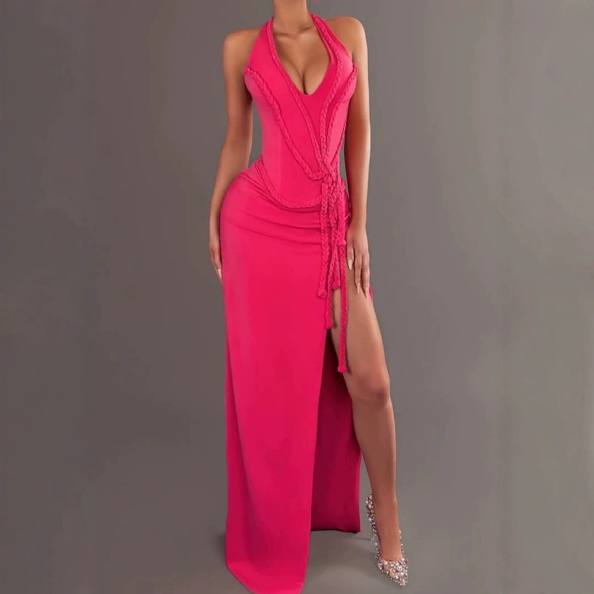 European And American Super Spicy Sexy Lines Hollow High Slit Dress