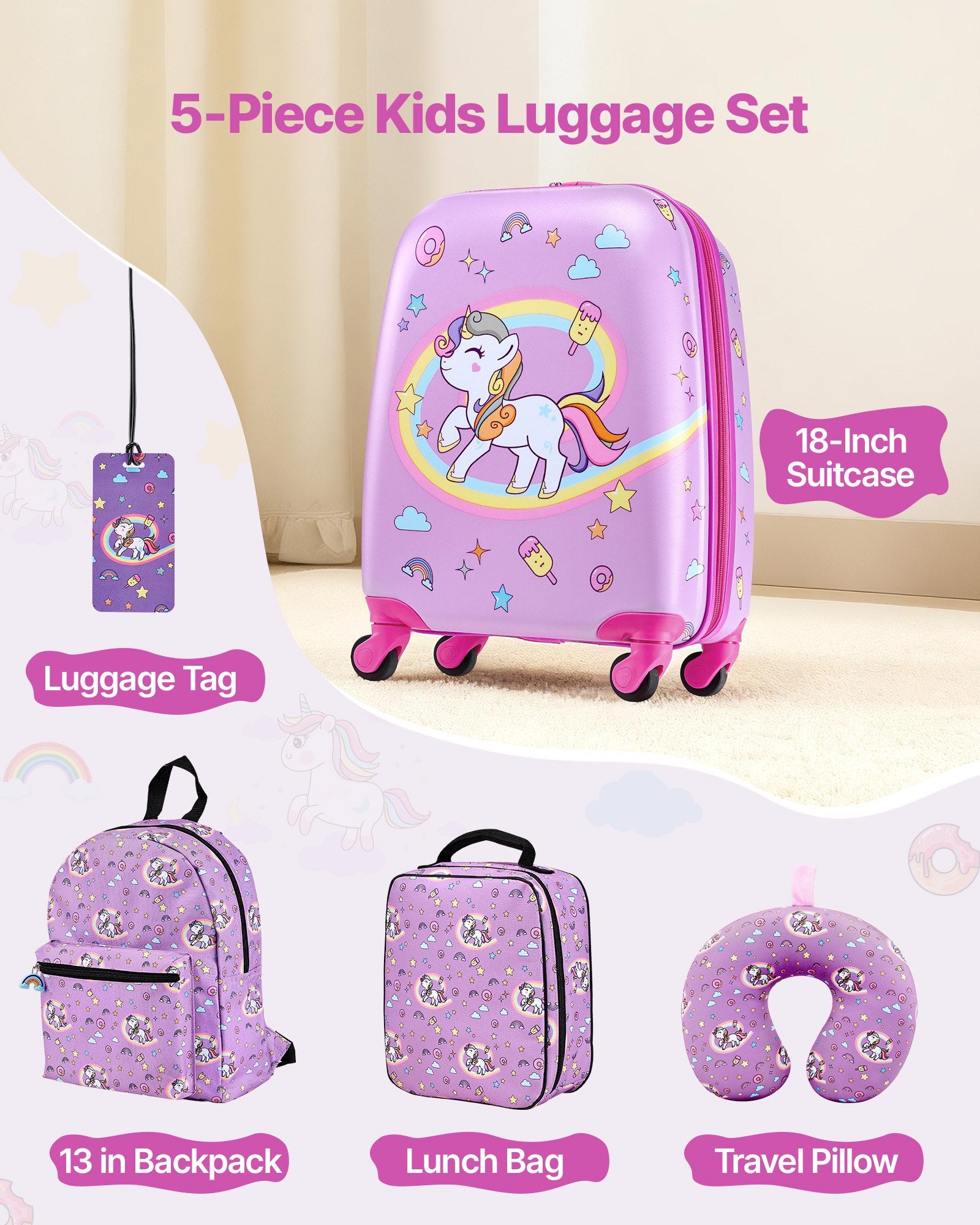 Kids Luggage Set, 5 Piece, 18 Inch Hardside Rolling Wheels Suitcase With Backpack & U-shape Pillow, Unicorn Kids Carry On Luggage Set, Holiday Birthday Gift For Girls Boys, Airline Approved