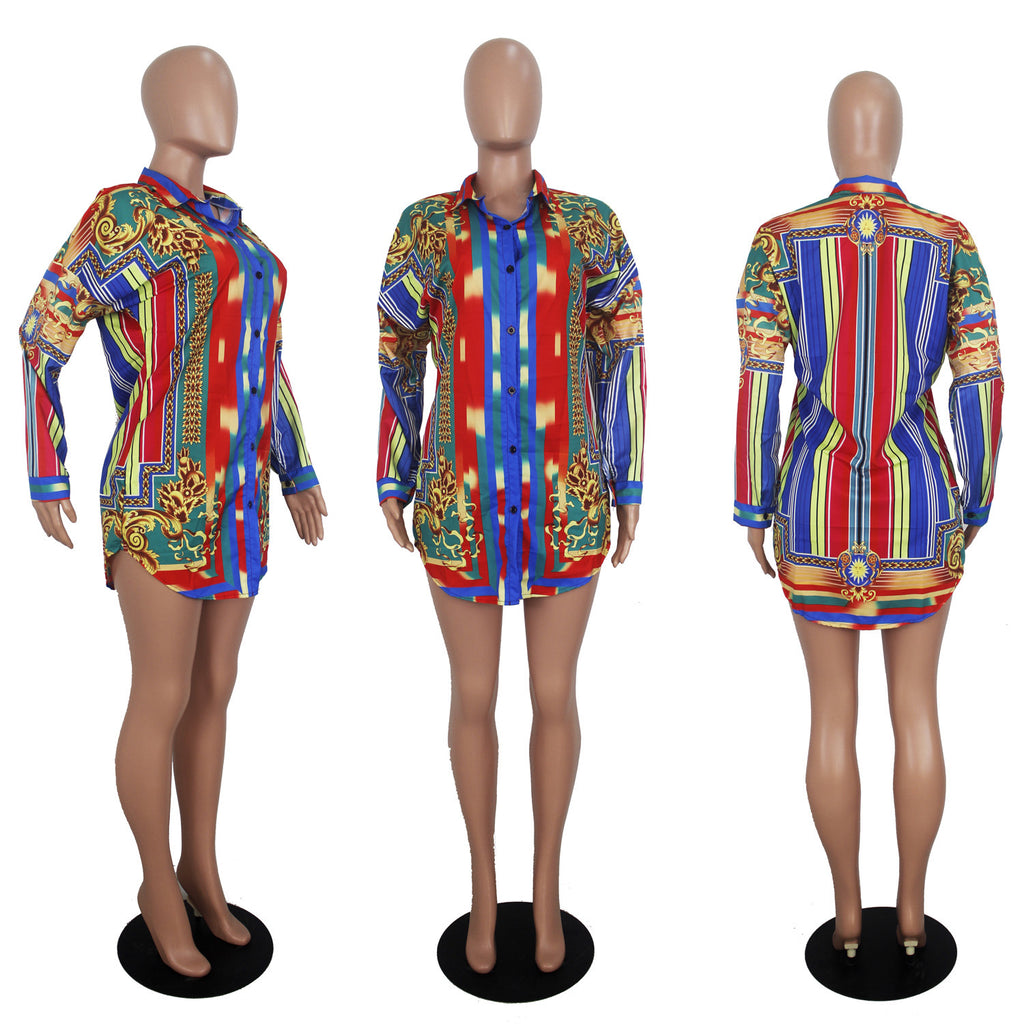 Color Striped Long Sleeve Shirt Dress