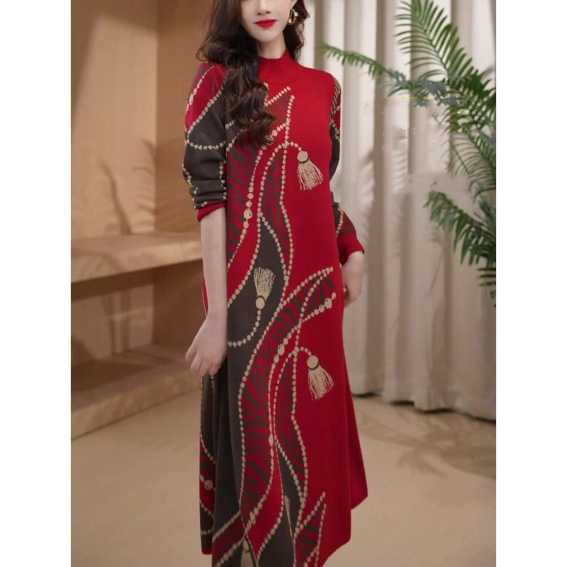 High-end Literary Elegance Over-the-knee Knitted Dress Women