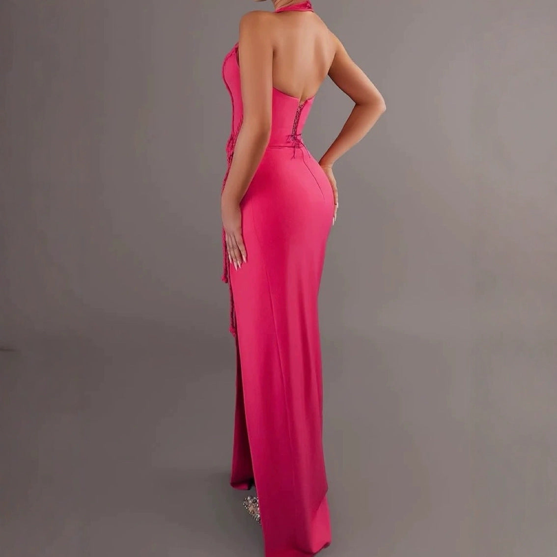 European And American Super Spicy Sexy Lines Hollow High Slit Dress