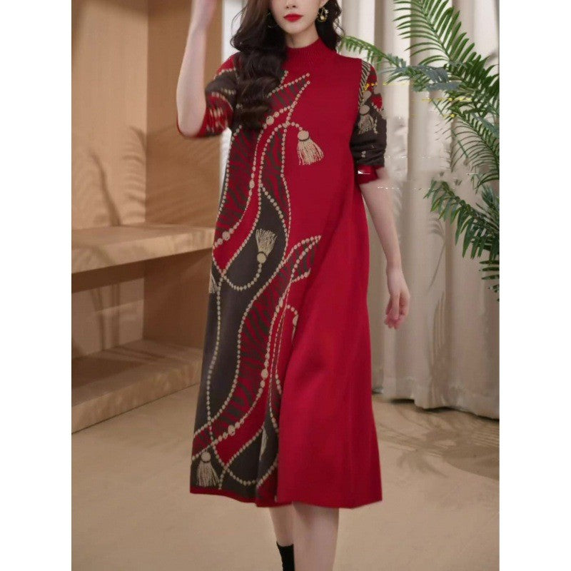 High-end Literary Elegance Over-the-knee Knitted Dress Women