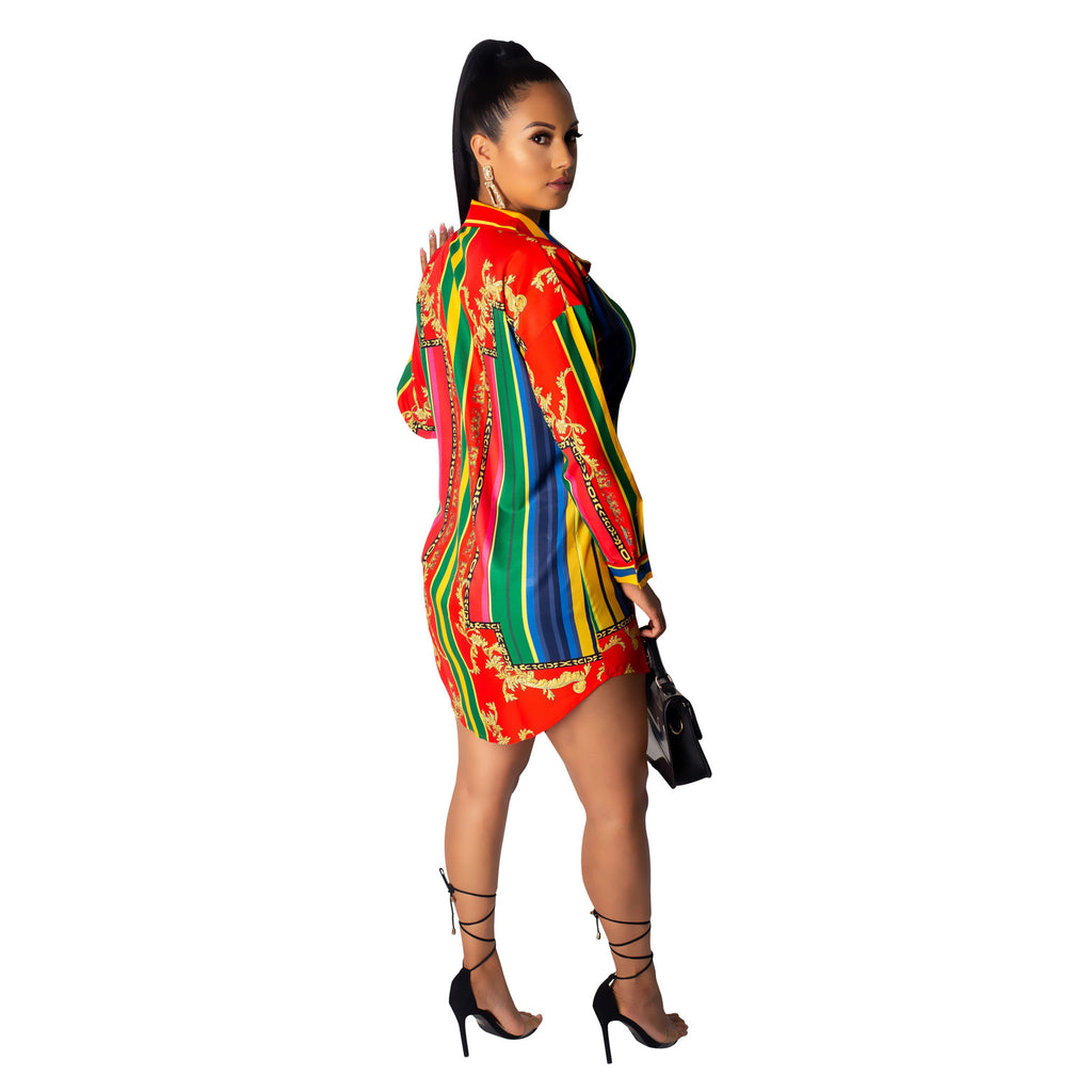 Color Striped Long Sleeve Shirt Dress