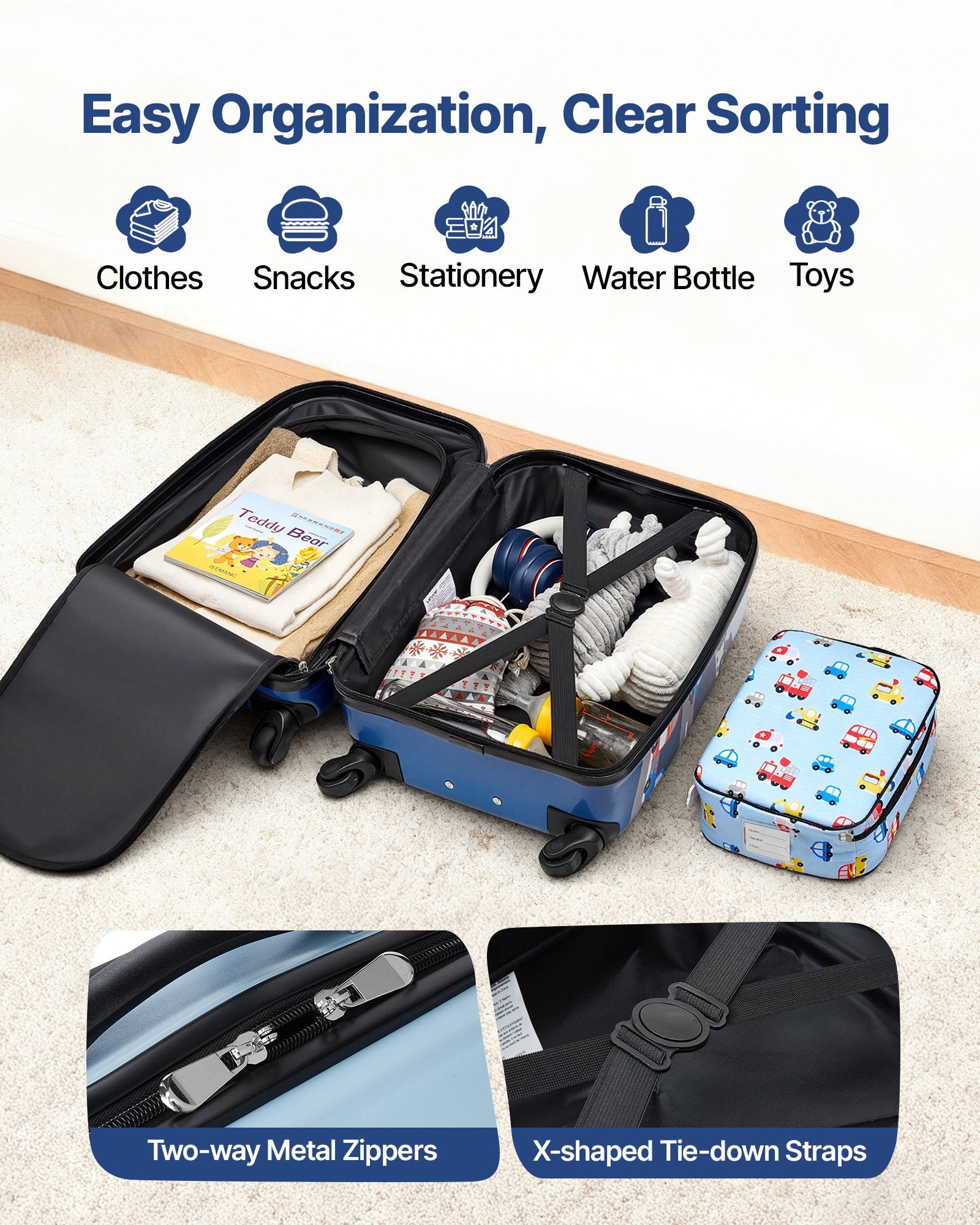 Kids Luggage Set, 5 Piece, 18 Inch Hardside Rolling Wheels Suitcase With Backpack & U-shape Pillow, Truck Kids Carry On Luggage Set, Holiday Birthday Gift For Girls Boys, Airline Approved