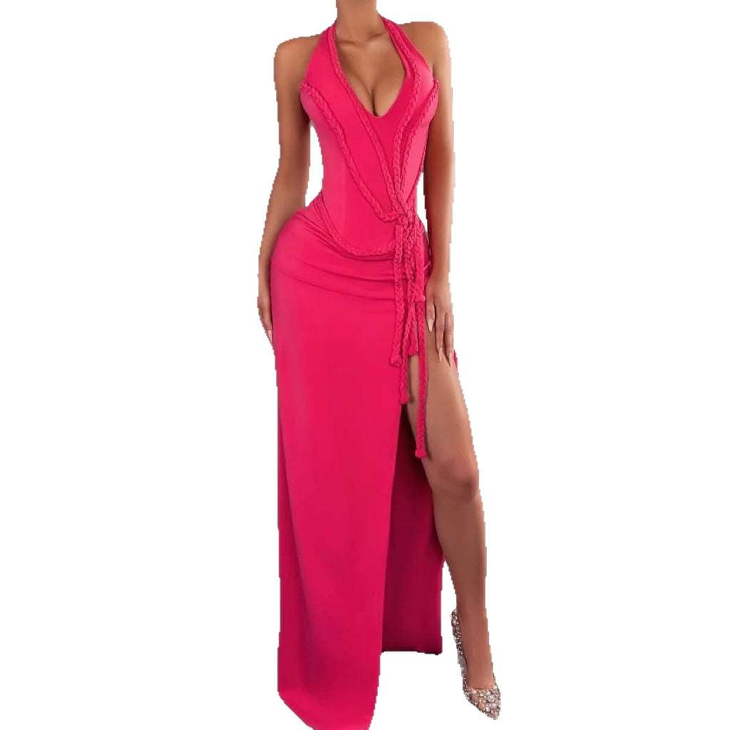 European And American Super Spicy Sexy Lines Hollow High Slit Dress
