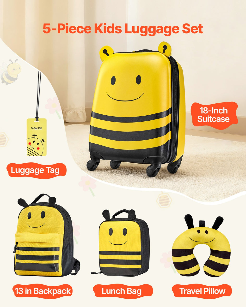 Kids Luggage Set, 5 Piece, 18 Inch Hardside Rolling Wheels Suitcase With Backpack & U-shape Pillow, Bee Kids Carry On Luggage Set, Holiday Birthday Gift For Girls Boys, Airline Approved