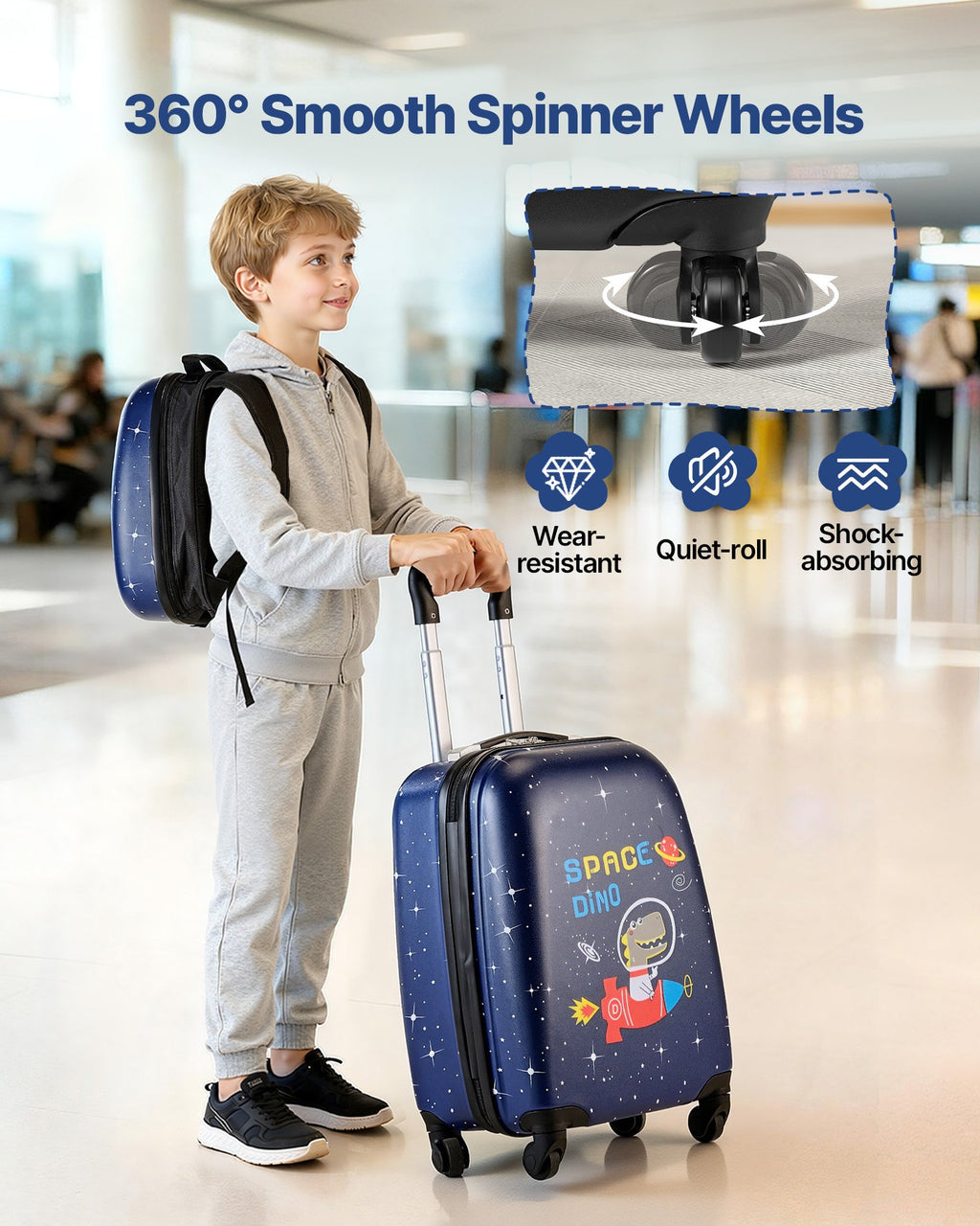 Kids Luggage Set, 2 Piece, 18 Inch Hardside Rolling Wheels Suitcase With Hard-Shell Backpack, Dinosaur Kids Carry On Luggage Set, Holiday Birthday Gift For Girls & Boys, Airline Approved