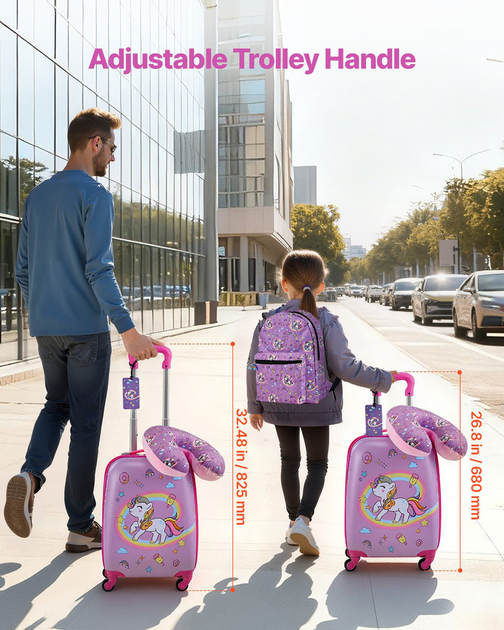 Kids Luggage Set, 5 Piece, 18 Inch Hardside Rolling Wheels Suitcase With Backpack & U-shape Pillow, Unicorn Kids Carry On Luggage Set, Holiday Birthday Gift For Girls Boys, Airline Approved