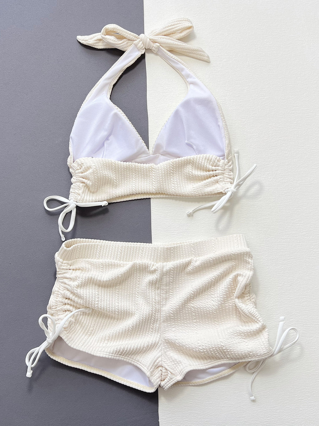 Womens Two-Piece Swimsuit Elegant Solid-Color Triangle Bikini With Ribbed Detailing