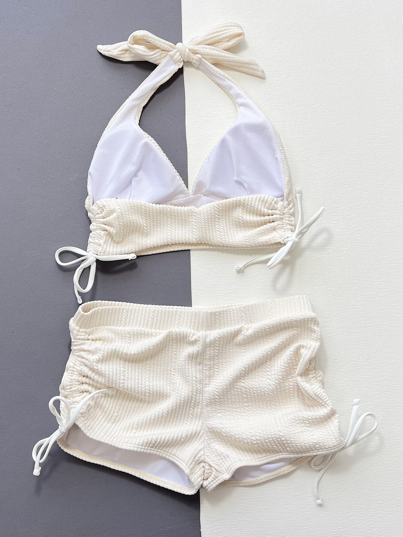 Womens Two-Piece Swimsuit Elegant Solid-Color Triangle Bikini With Ribbed Detailing