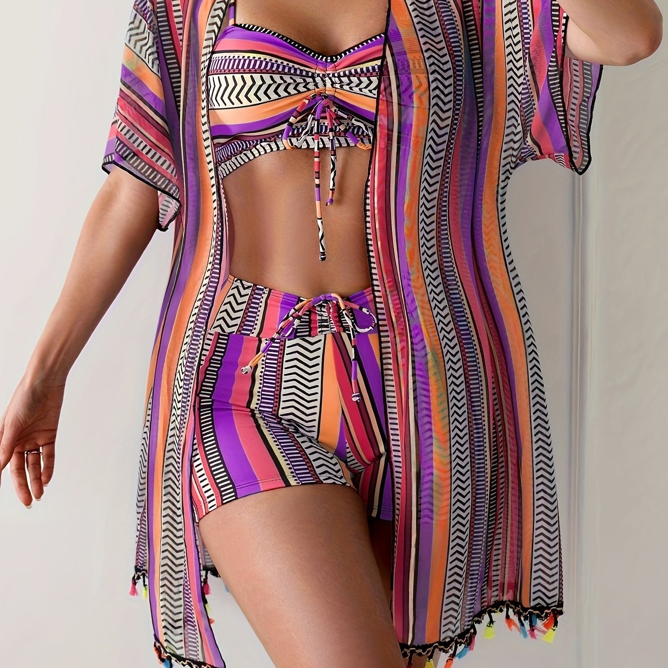 Womens Three-piece Striped Bikini Swimsuit Set