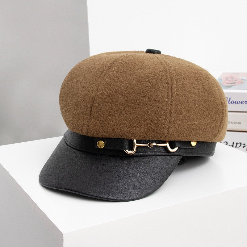 Women's All-match Leather Buckle Octagonal Hat