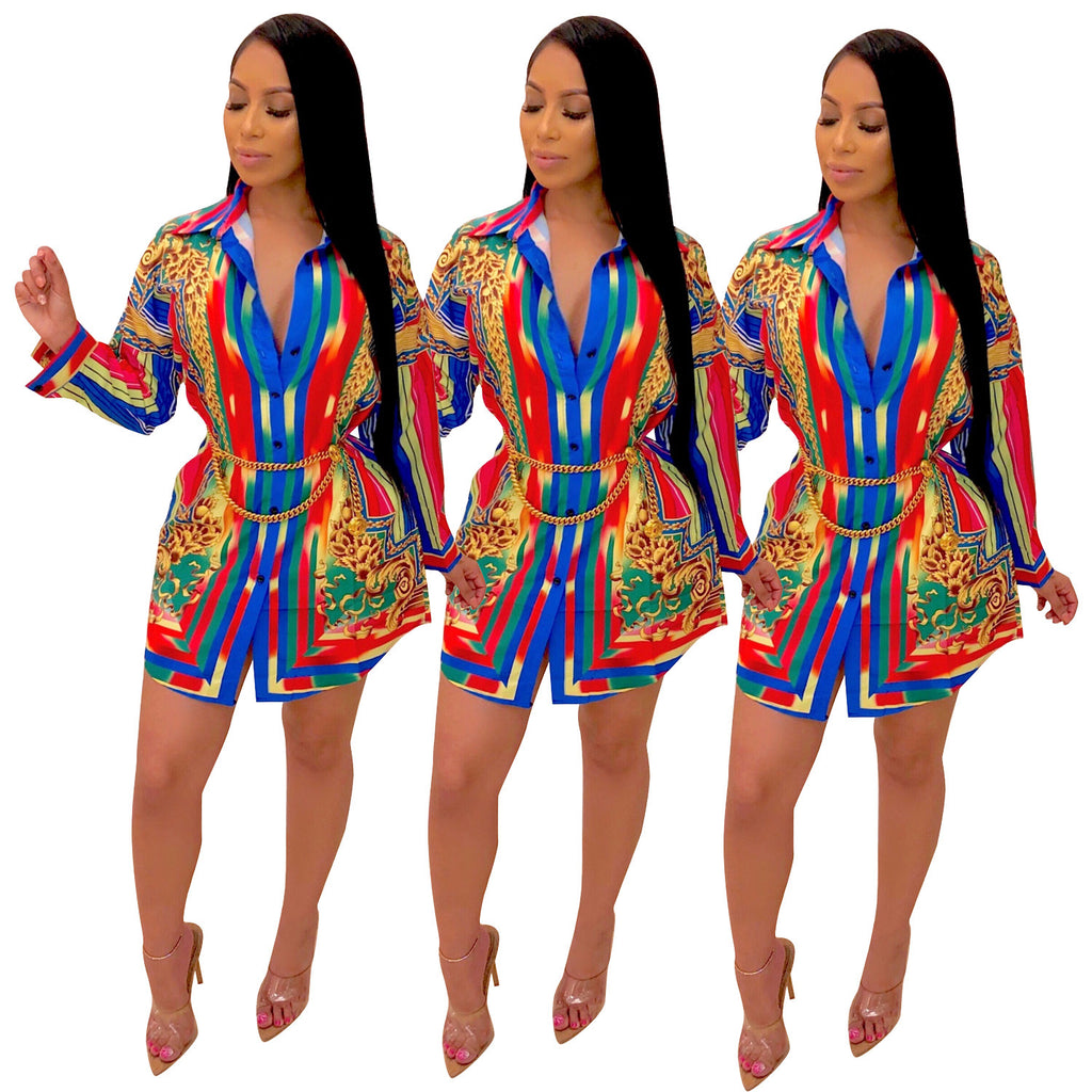 Color Striped Long Sleeve Shirt Dress