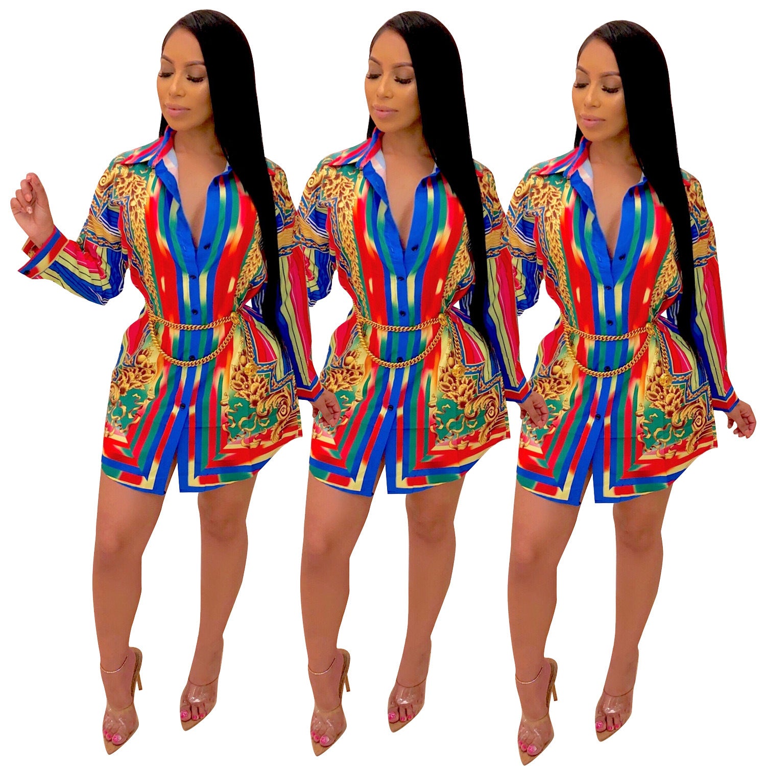 Color Striped Long Sleeve Shirt Dress