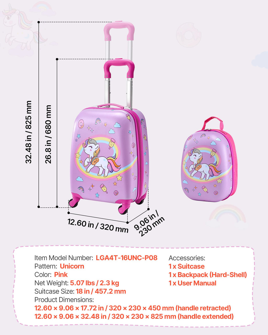 Kids Luggage Set, 2 Piece, 18 Inch Hardside Rolling Wheels Suitcase With Hard-Shell Backpack, Unicorn Kids Carry On Luggage Set, Holiday Birthday Gift For Girls & Boys, Airline Approved