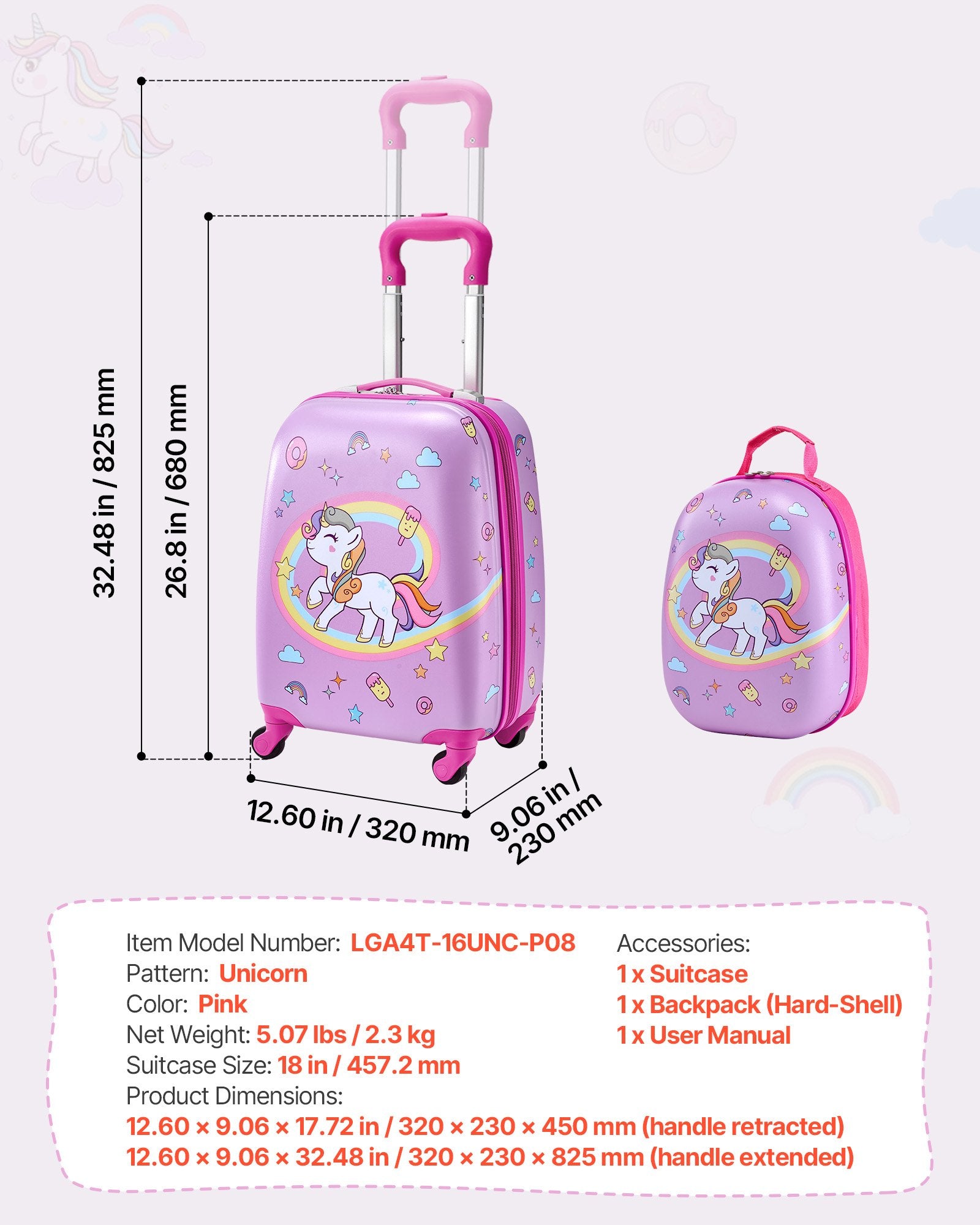 Kids Luggage Set, 2 Piece, 18 Inch Hardside Rolling Wheels Suitcase With Hard-Shell Backpack, Unicorn Kids Carry On Luggage Set, Holiday Birthday Gift For Girls & Boys, Airline Approved