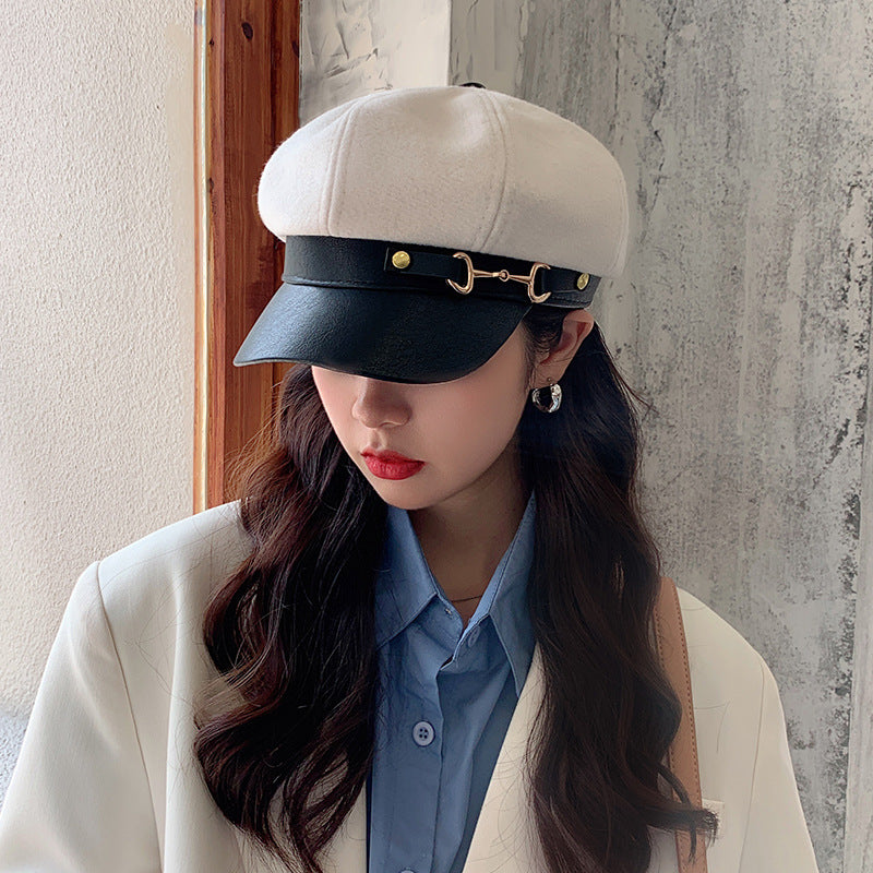Women's All-match Leather Buckle Octagonal Hat