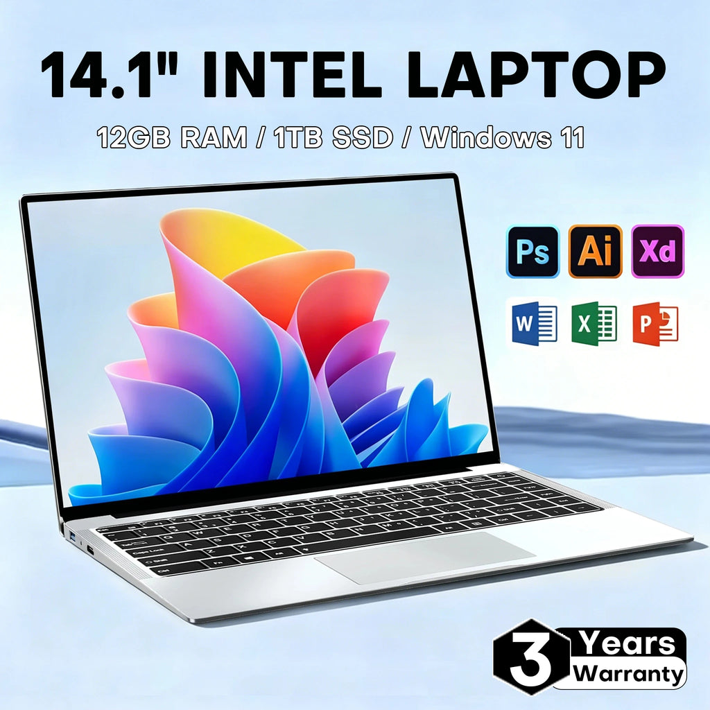 14.1" Laptop Computer Windows 11 Pro Intel Atom A3950 Notebook PC 12GB RAM 512GB 1TB M.2 SSD 1920*1080P Office Study Computer