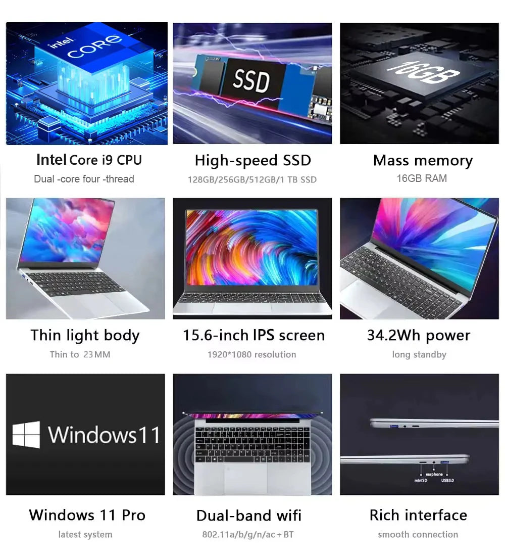 15.6" Intel Core i9 10980HK Laptop Computer PC 16GB RAM 1TB SSD i9 Laptops Windows 11 Pro Office Fingerprint Unlock Notebook PC