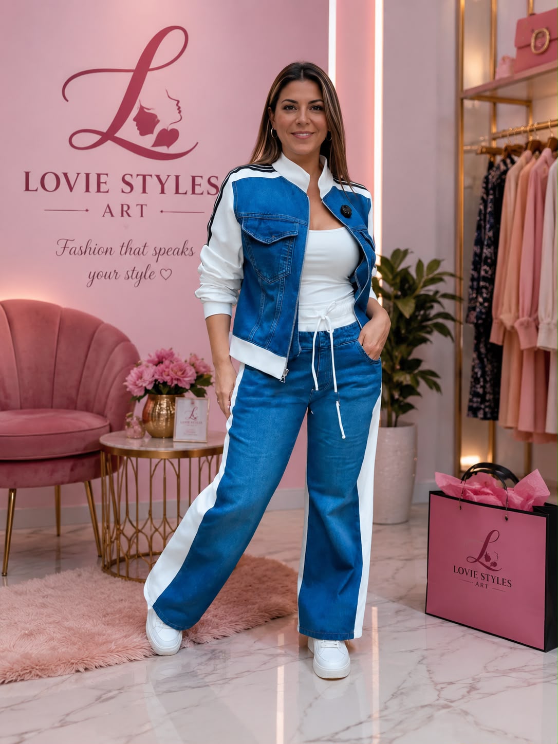 Women's Fashion Denim Stitching Long-sleeve Zipper Two-piece Set