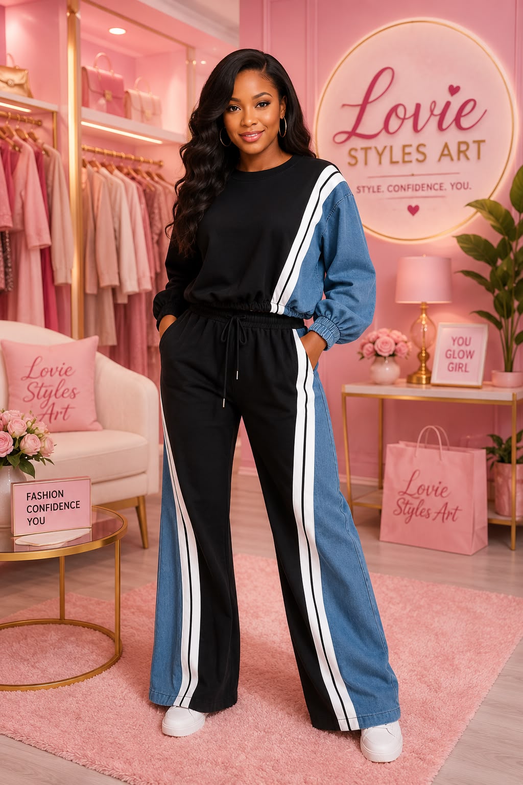 Color-block Hoodie High-waisted Denim Patchwork Wide-leg Pants Two-piece Set