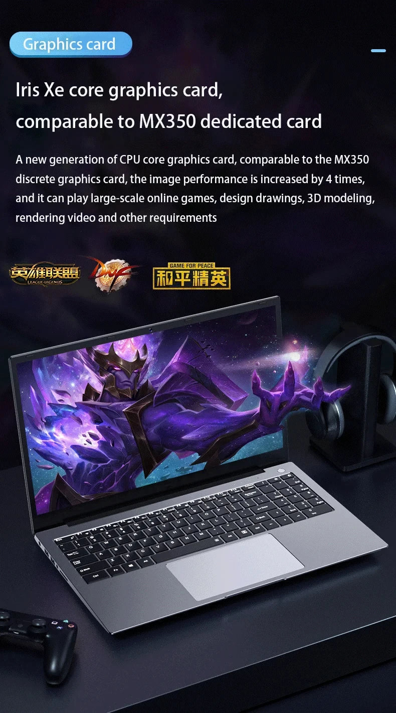New 15.6" Gaming Laptop 11th Gen Intel i7 NVIDIA MX450 2G 16GB RAM 512GB SSD Fingerprint Unlock 1.8kg Ultra Slim Office Notebook