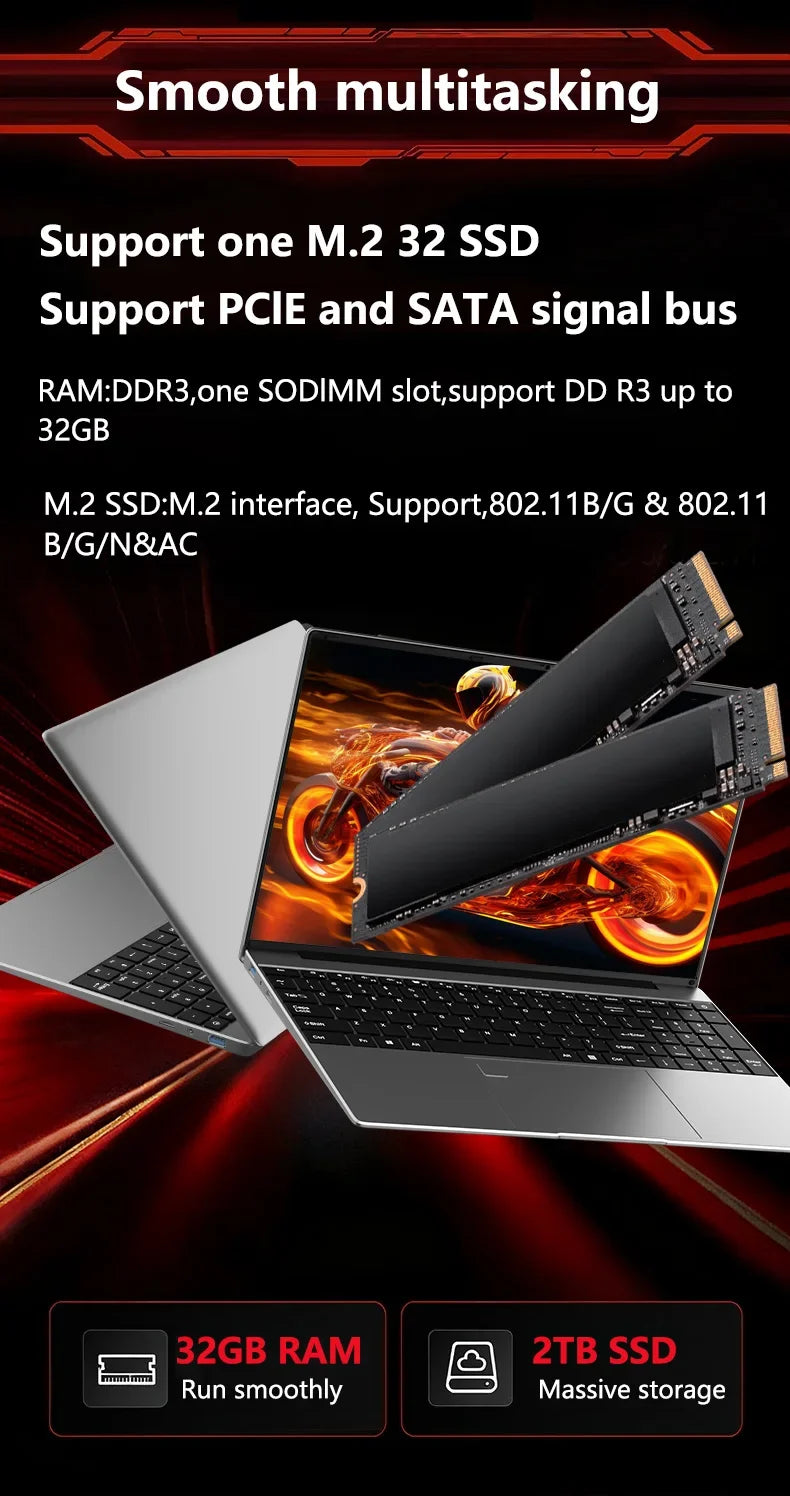 Sleek New 15.6 Inch Laptop 32GB DDR3 512GB 1TB 2TB SSD Windows11 Notebook PC Intel 6500Y Office Gamer Backlit Computer