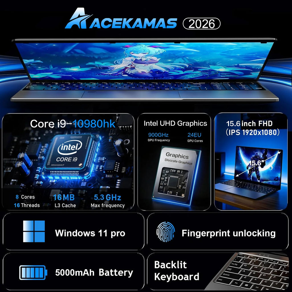 2026 Intel Core i9-10980HK Notebook Windows 11 Pro 15.6 inch Laptop 16GB RAM 1TB/2TB SSD Fingerprint UnIock Office Game Laptops
