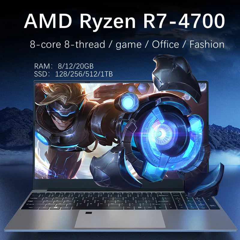 2025new 15.6-inch Metal Laptop Backlit AMD R7-4700 Lightweight Portable Business Office Design Computer 20GB Ram 256G 1TB SSD