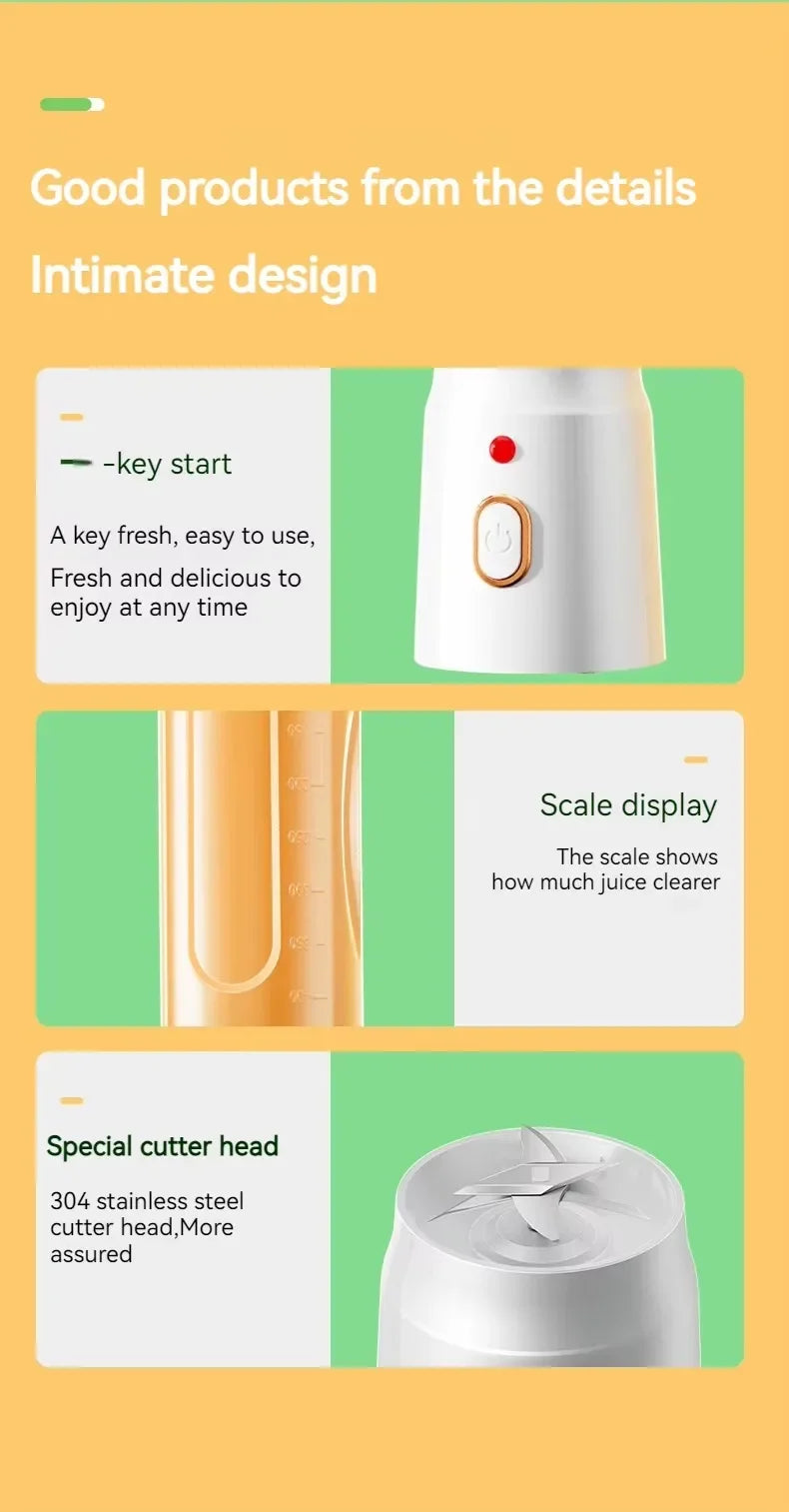 Portable Cordless Blender Juicer 450ml Electric Fruit Juicer USB Rechargeable Lemon Orange Juice Cup Smoothie Blender