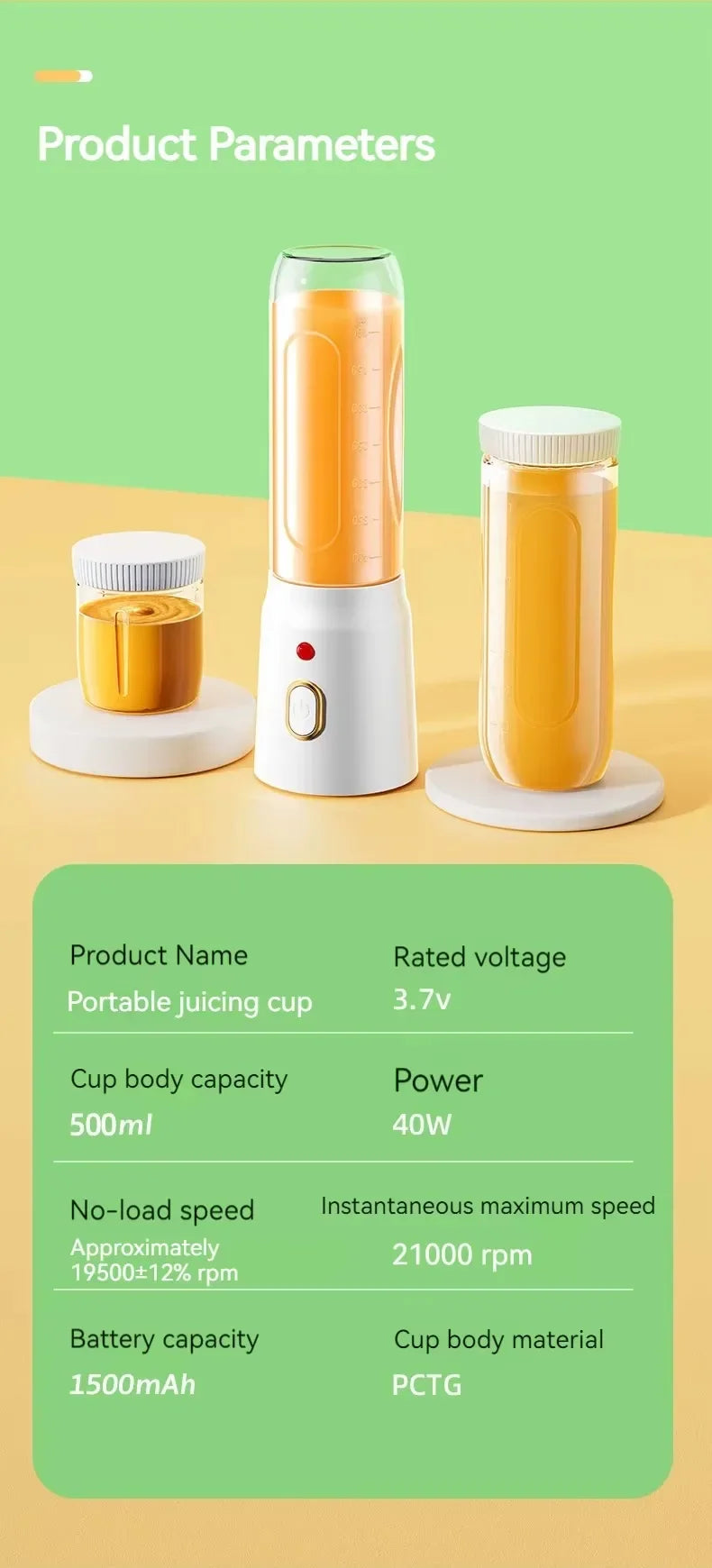Portable Cordless Blender Juicer 450ml Electric Fruit Juicer USB Rechargeable Lemon Orange Juice Cup Smoothie Blender