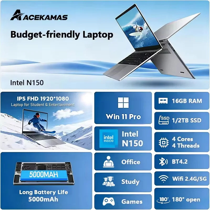 ACEKAMAS 14.1" Intel N150 Gaming laptop 16GB RAM 1TB 2TB SSD Portable laptops Windows 11 Pro Office Gaming Notebook computer PC