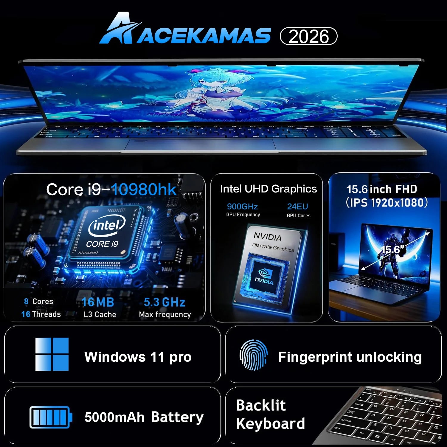 2026 15.6" Gaming Laptop Computer Intel Core i9 10980HK Windows 11 Pro PC Gamer 16GB RAM 1/2TB SSD Notebook PC Portable Laptops