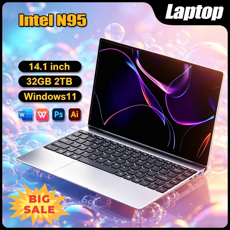 2026 New 14.1" FHD Ultra Thin Laptop Intel N95 Windows 11 DDR4 16GB/32GB RAM 2TB SSD Portable Business Office Notebook PC