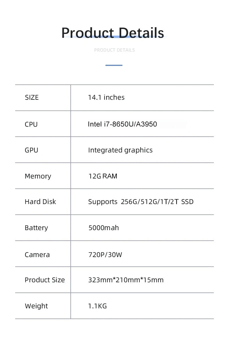 14.1"Laptop Computer PC Intel Core i7 8650U Atom 3950 Ultra slim Notebook 12GB RAM 1TB 2TB SSD Office Study Windows 11 1920*1080