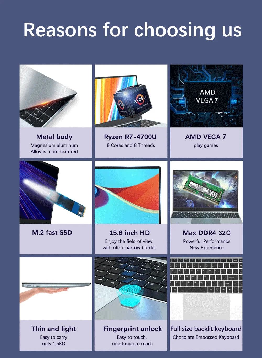 JX-S9 Thin and light Laptop AMD Ryzen 7 4700U 15.6 '' Notebook Backlit 1920*1080 5000mAh Windows 11 Fingerprint Gaming Laptop