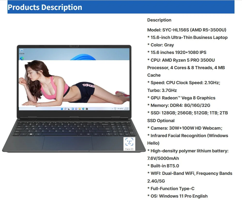 15.6Inch Ultra-Thin 32GB Ram 128G-1TB SSD Amd Ryzen 5 3500U 2.1Ghz Integrated graphics Windows 11Pro Version Fast Charge Laptop