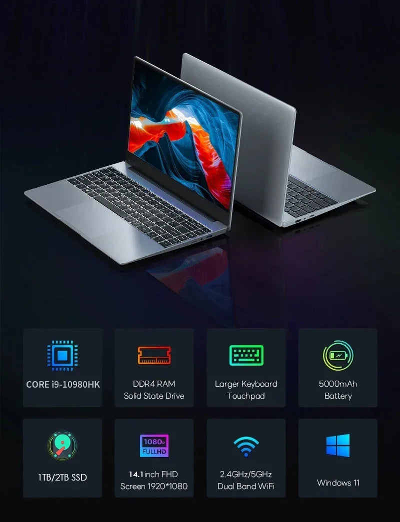 2026 New Core i9-10980HK 14.1 inch Laptop Computer Portable Windows 11 Pro Notebook 16GB RAM 1TB 2TB SSD Office Study Laptops