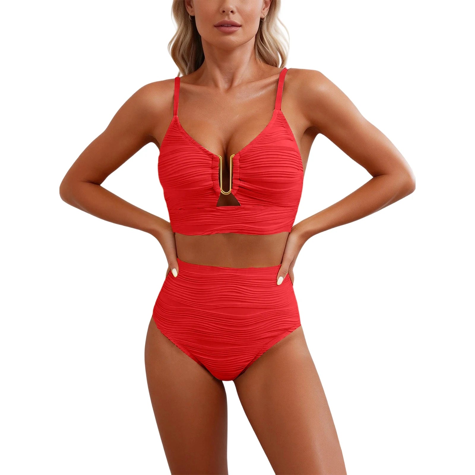 2 Piece Bikini Set Women’s U-Wire Cutout Popular Swimsuit High Waisted Textured 2026 Summer Beach Swim Female Bathing Suits