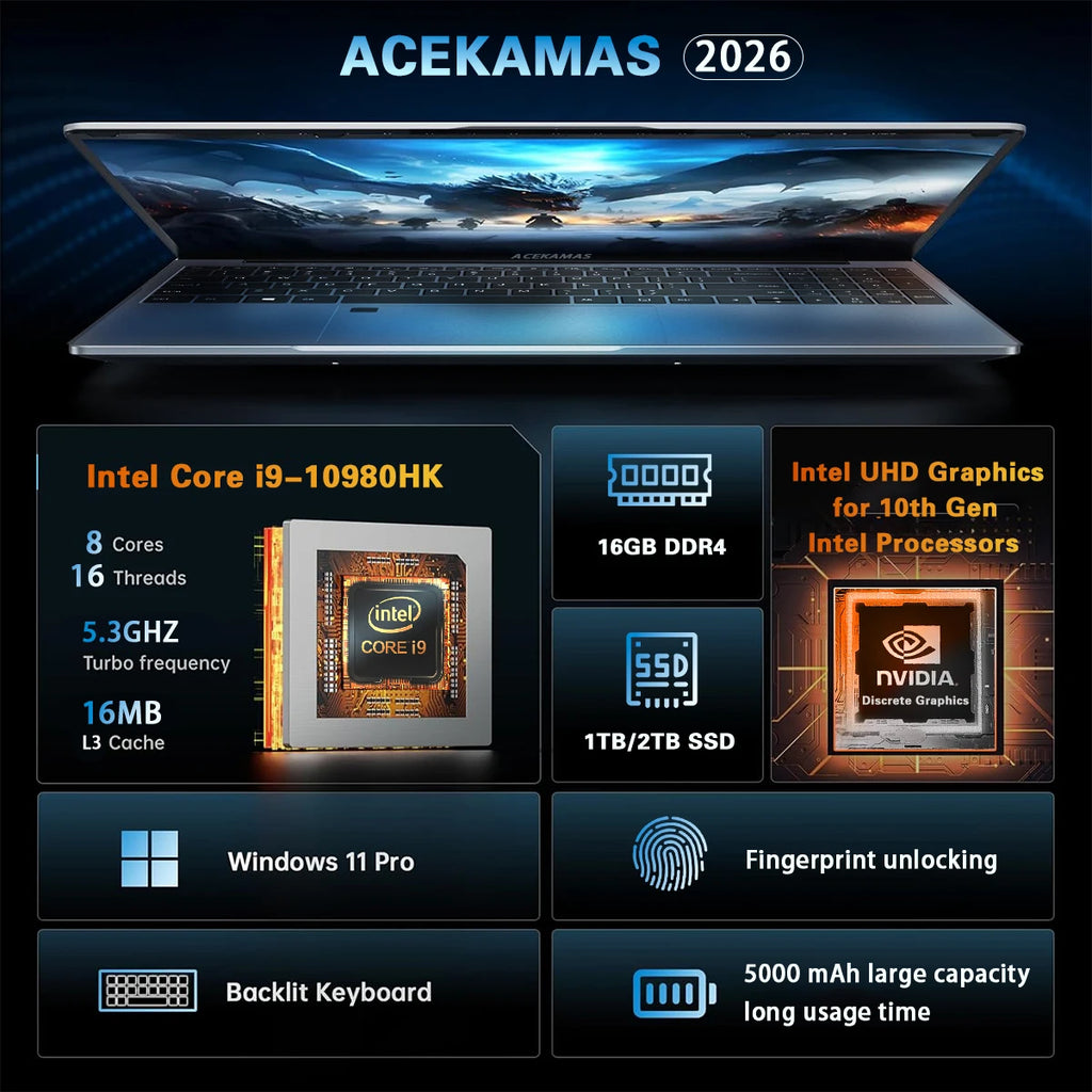 ACEKAMAS 2026 15.6" Intel Core i9 10980HK Laptop Computer Windows 11 Pro 16GB DDR4 1TB SSD Notebook PC Portable Laptops Gaming