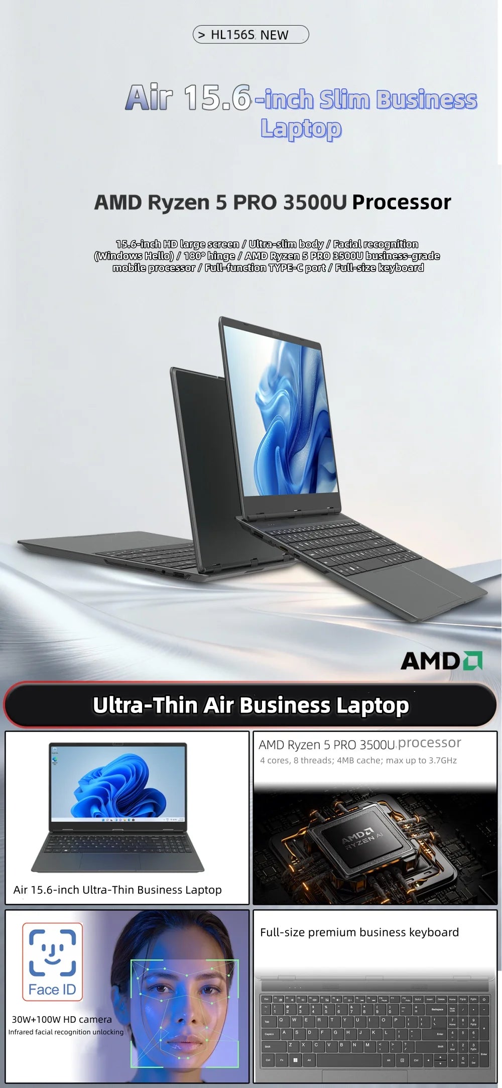 15.6Inch Ultra-Thin 32GB Ram 128G-1TB SSD Amd Ryzen 5 3500U 2.1Ghz Integrated graphics Windows 11Pro Version Fast Charge Laptop