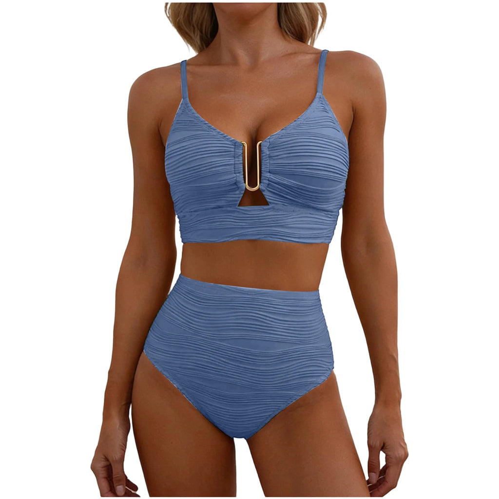 2 Piece Bikini Set Women’s U-Wire Cutout Popular Swimsuit High Waisted Textured 2026 Summer Beach Swim Female Bathing Suits