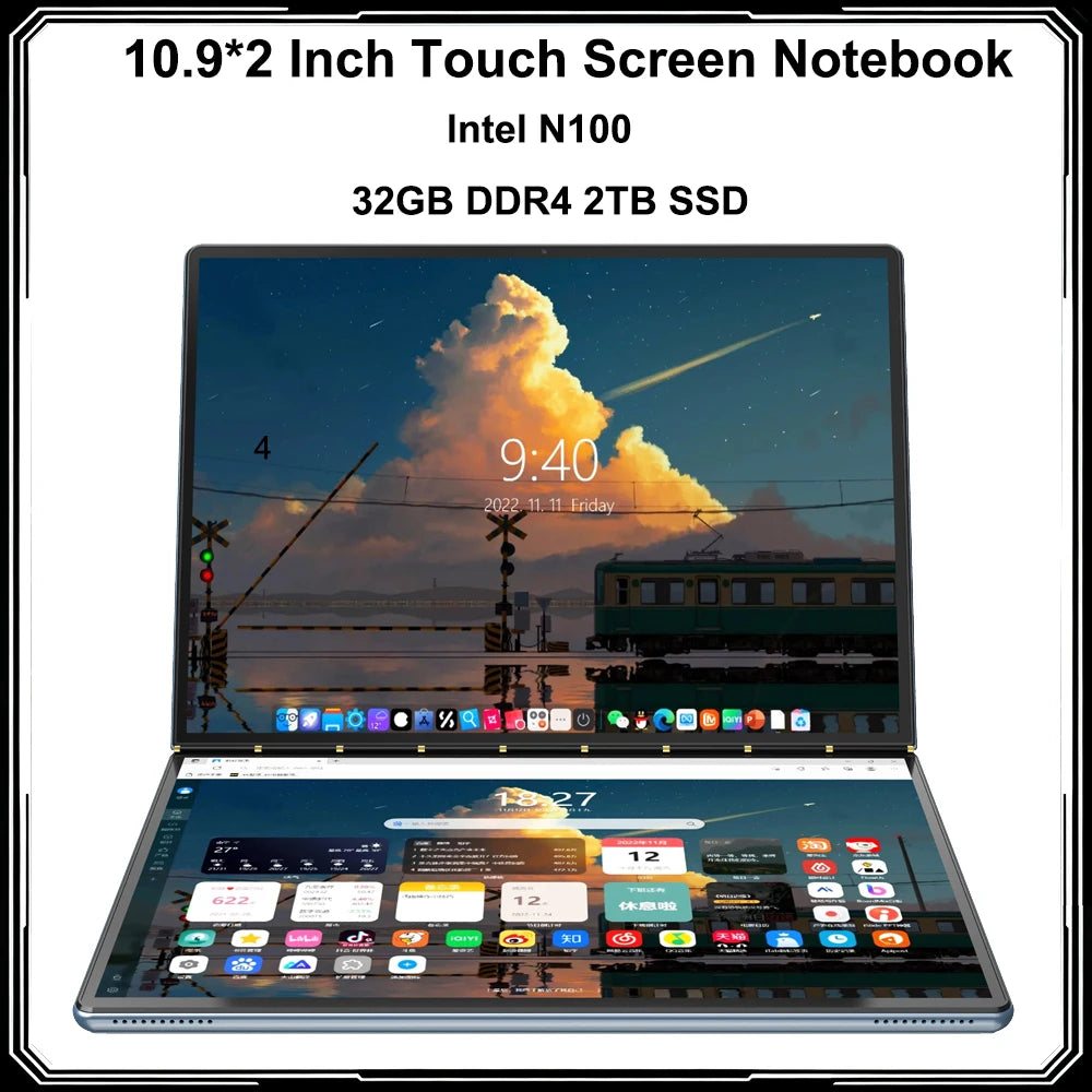 Dual Screen Notebook Intel N100 32GB DDR4 2TB SSD 10.9*2 Inch Touch Screen 2 in 1 Laptop Tablet Portable Business Computer WIFI6