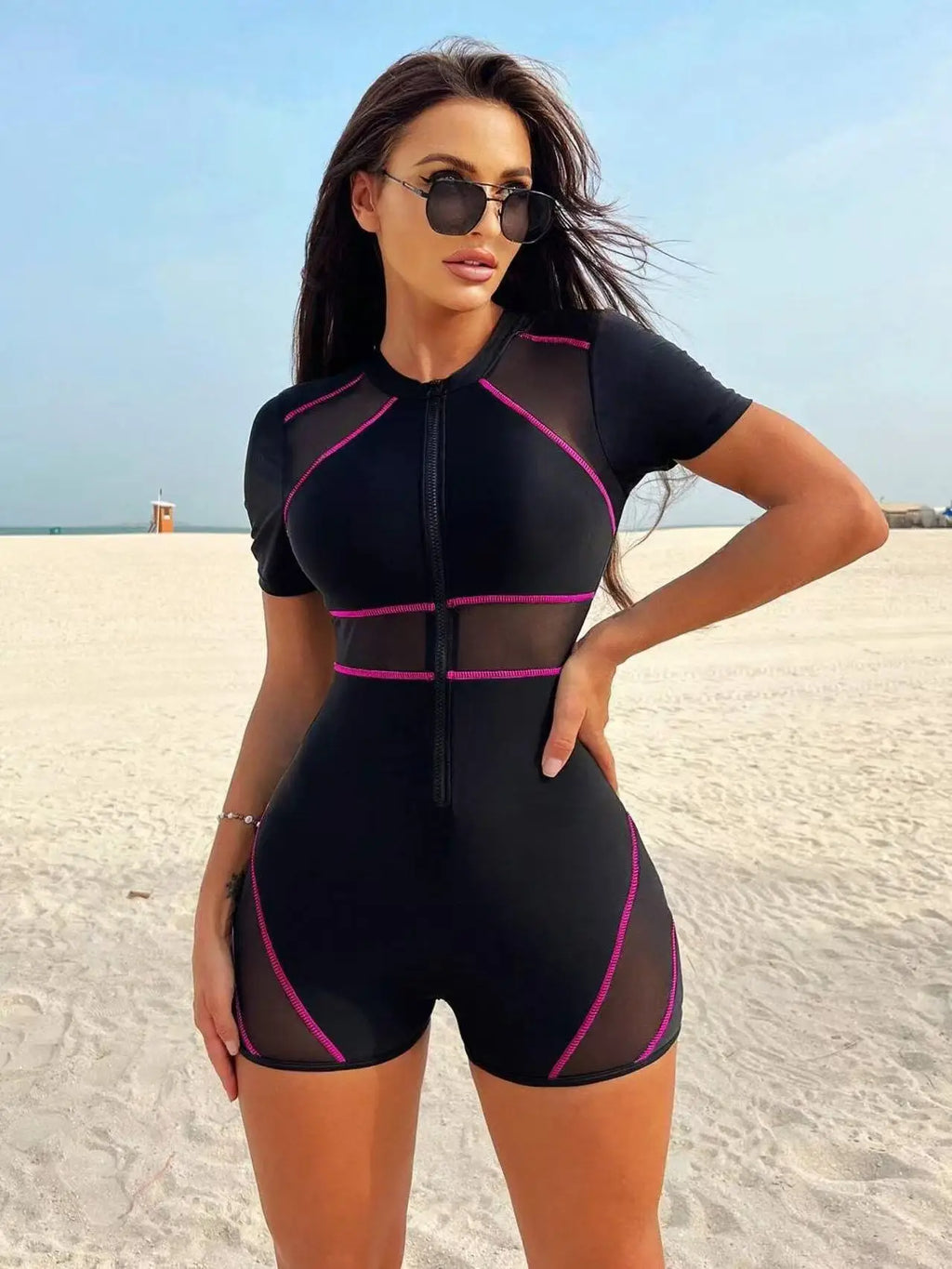 Short Sleeve Surfing Suit Black One Piece Swimsuit Women 2026 Patchwork Sexy Soft Swimwear Sporty Swimwear Zippy Bathing Suit